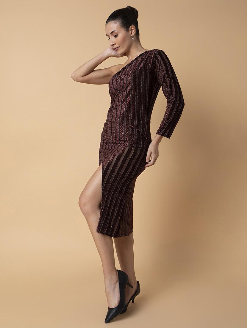 women brown single shoulder neck wrap dress - 21514553 - Standard Image - 2