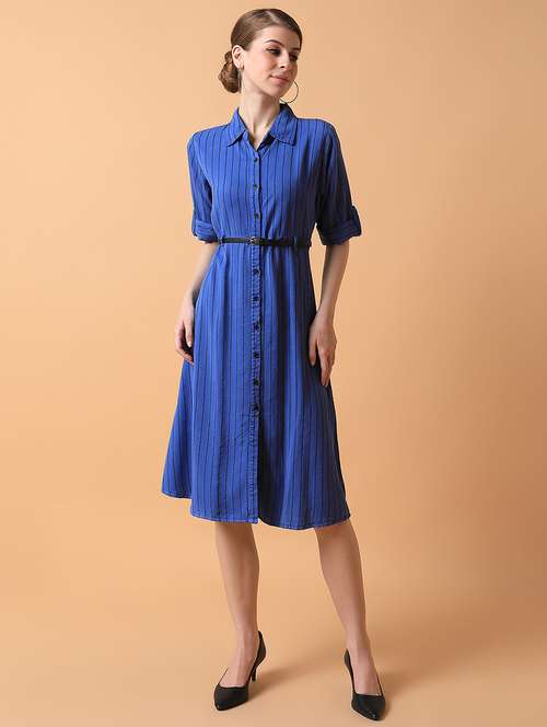 women blue stripes roll up sleeves a-line dress - 21514556 - Standard Image - 0