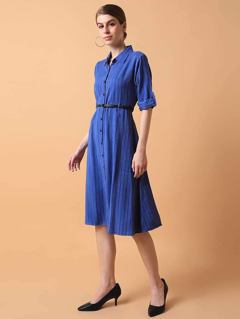 women blue stripes roll up sleeves a-line dress - 21514556 - Standard Image - 2