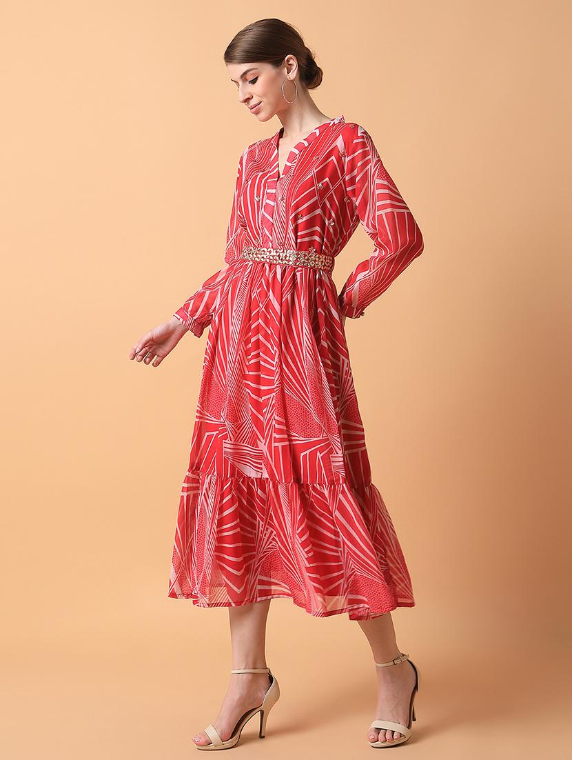 women pink printed v neck fit & flare dress - 21514561 - Standard Image - 2