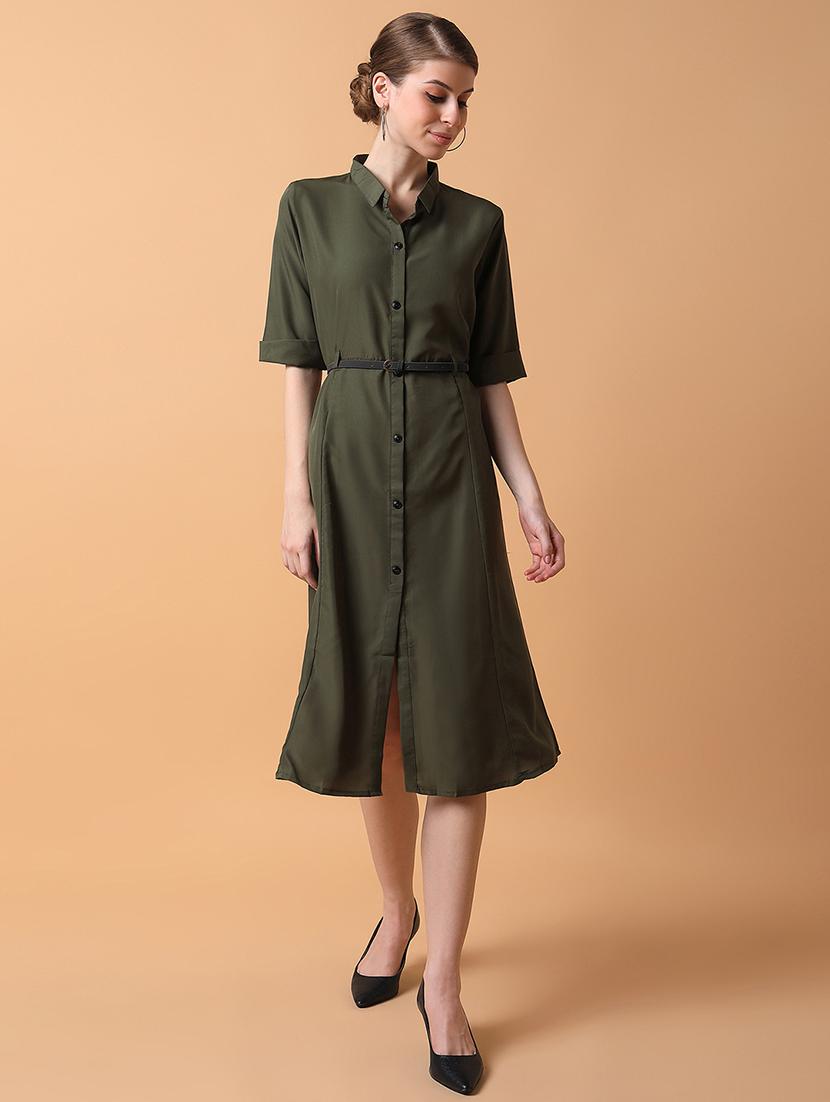women solid collared shirt dress