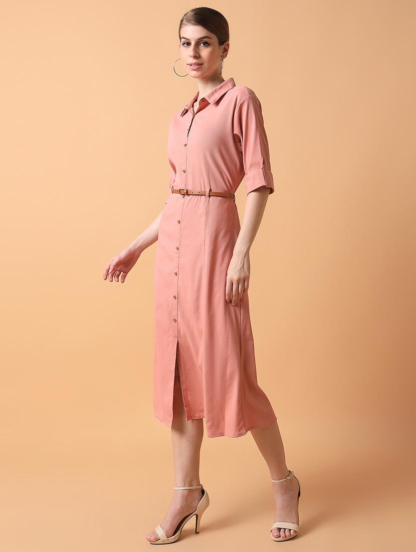 women peach solids roll up sleeves a-line dress - 21514563 - Standard Image - 2