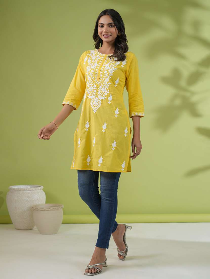 women chikankari work round neck kurti - 21514599 - Standard Image - 2