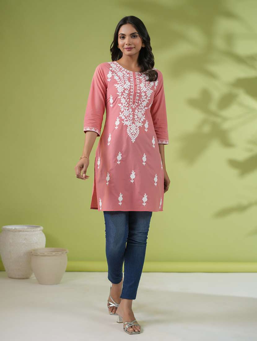 women chikankari work round neck kurti