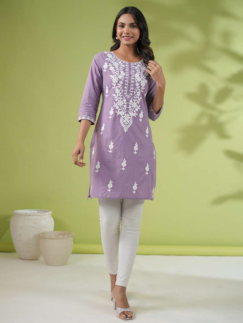 women chikankari work round neck kurti
