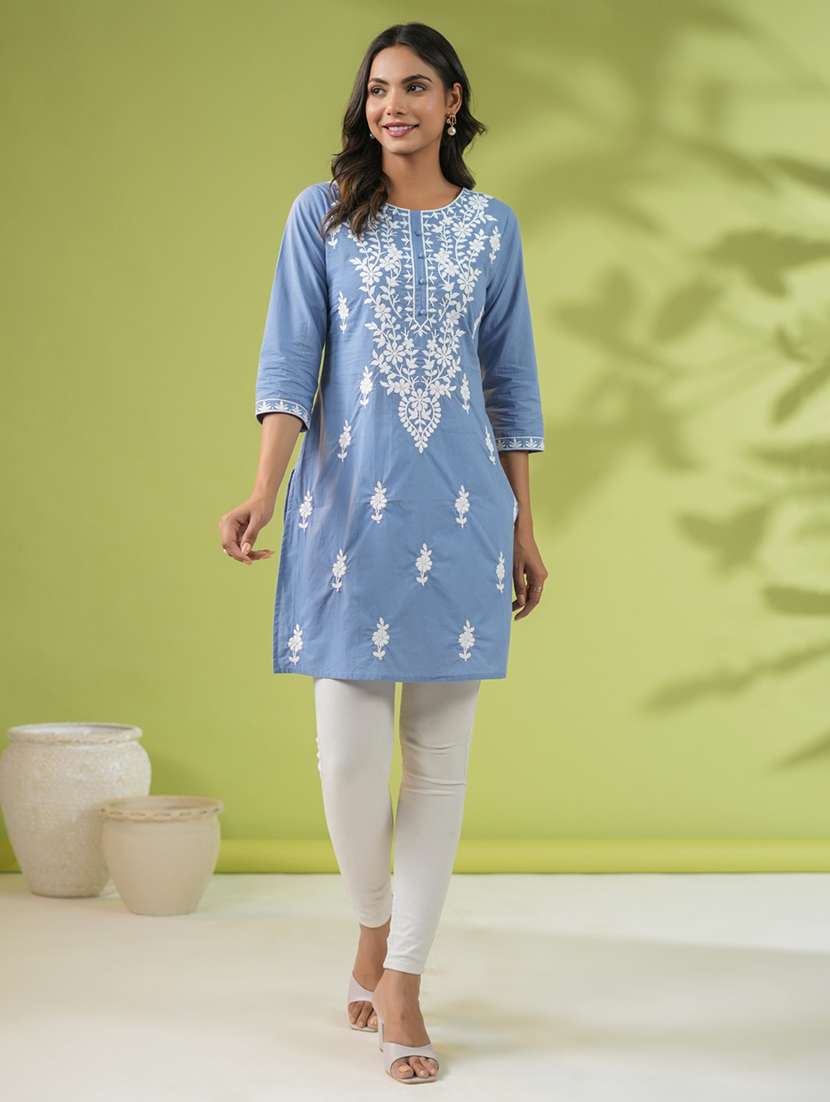 women chikankari work round neck kurti