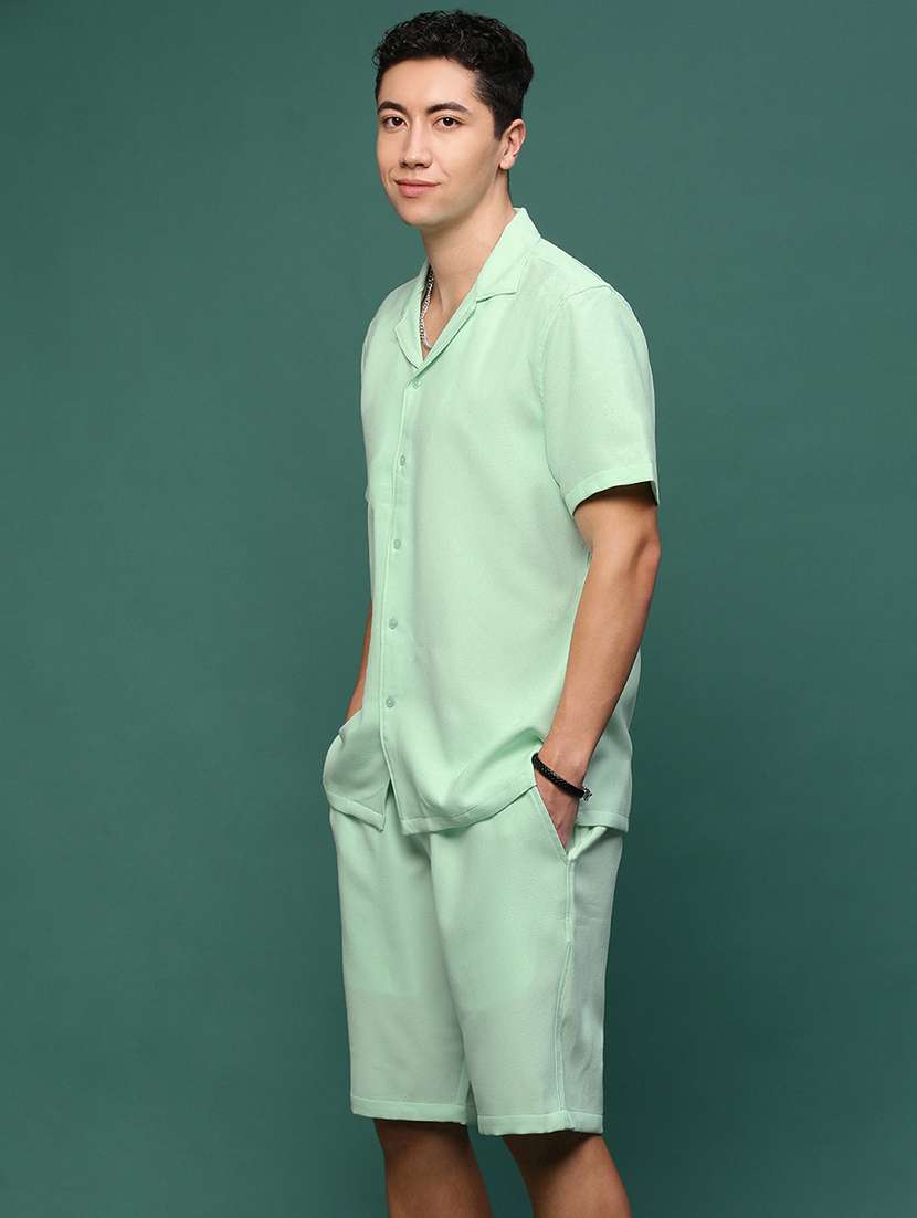 men green cotton blend shirt & shorts co-ord set - 21514639 -  Standard Image - 2