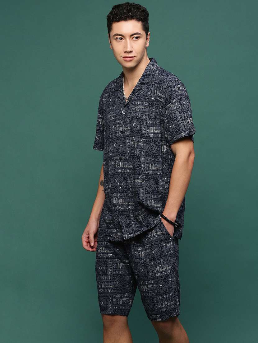 men blue cotton blend shirt & shorts co-ord set - 21514657 -  Standard Image - 2