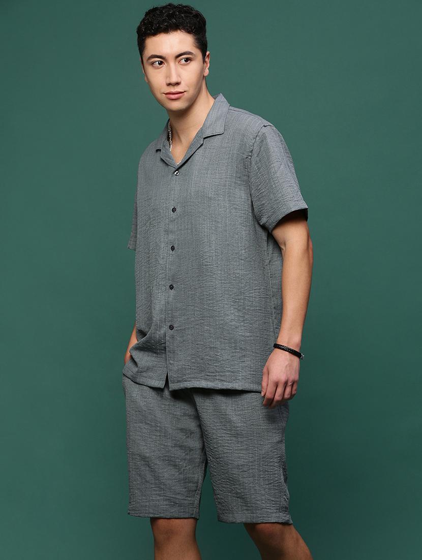 men grey cotton blend shirt & shorts co-ord set - 21514663 - Standard Image - 2