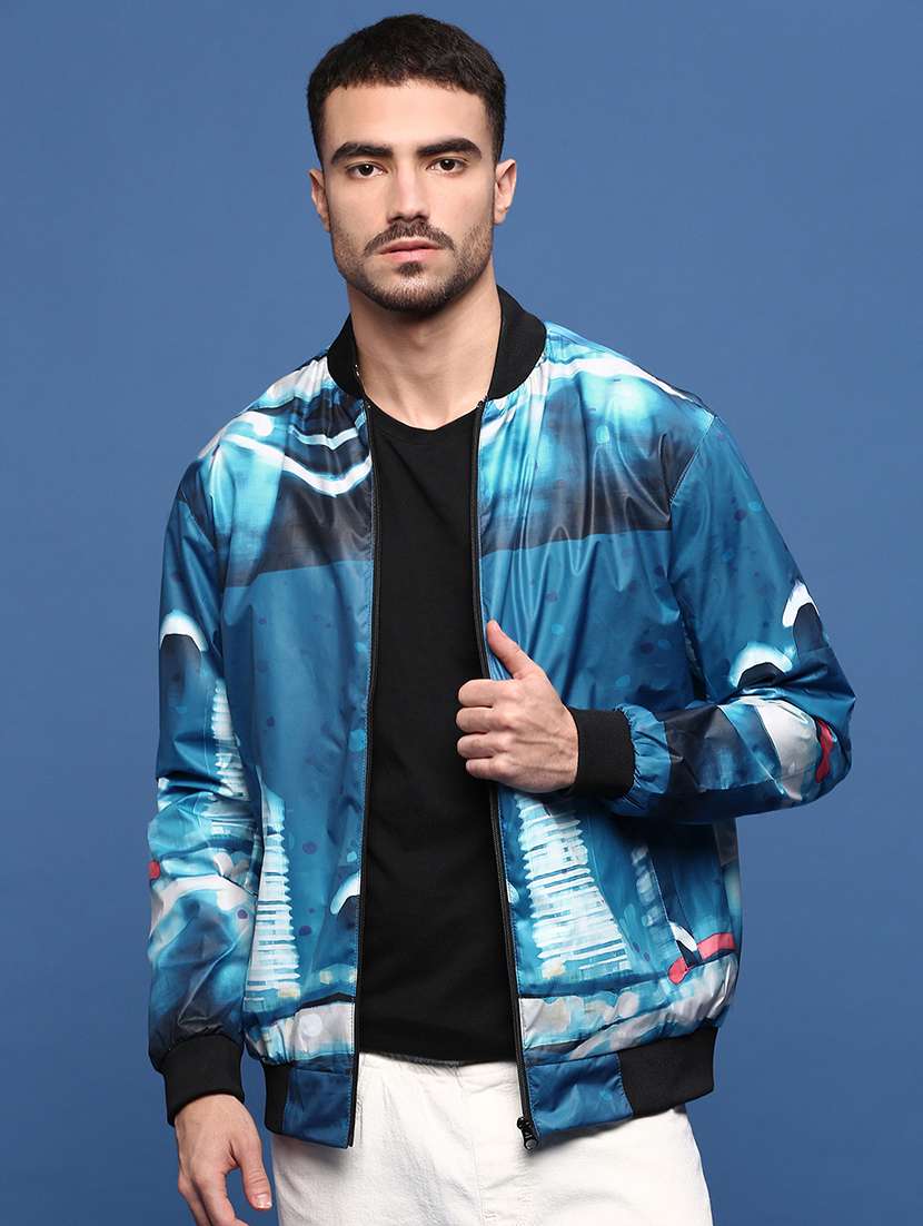 men blue printed bomber jacket