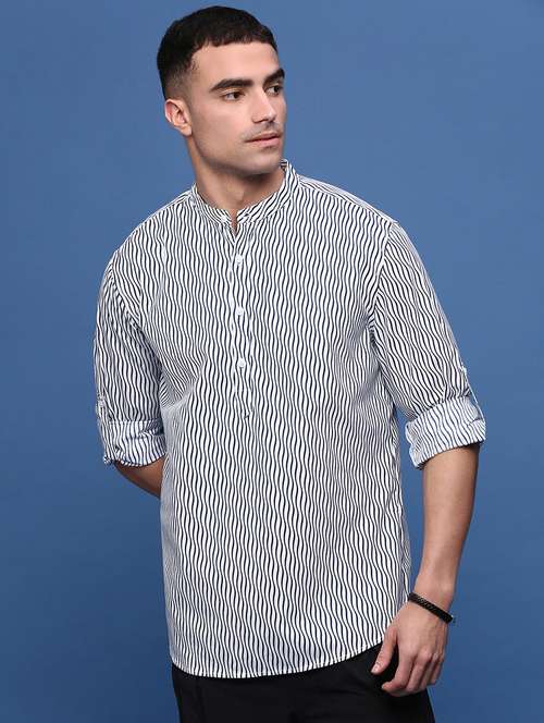 men mandarin neck stripes short kurta - 21514688 -  Standard Image - 0