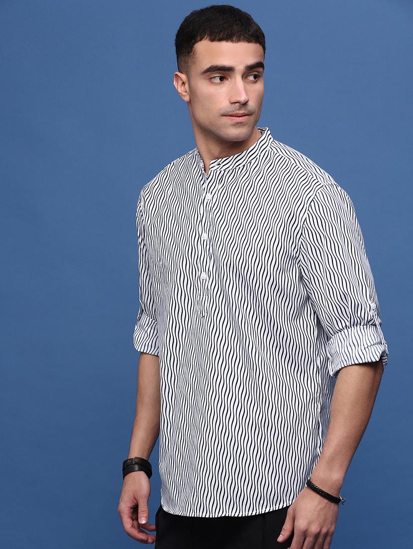 men mandarin neck stripes short kurta - 21514688 - Standard Image - 2