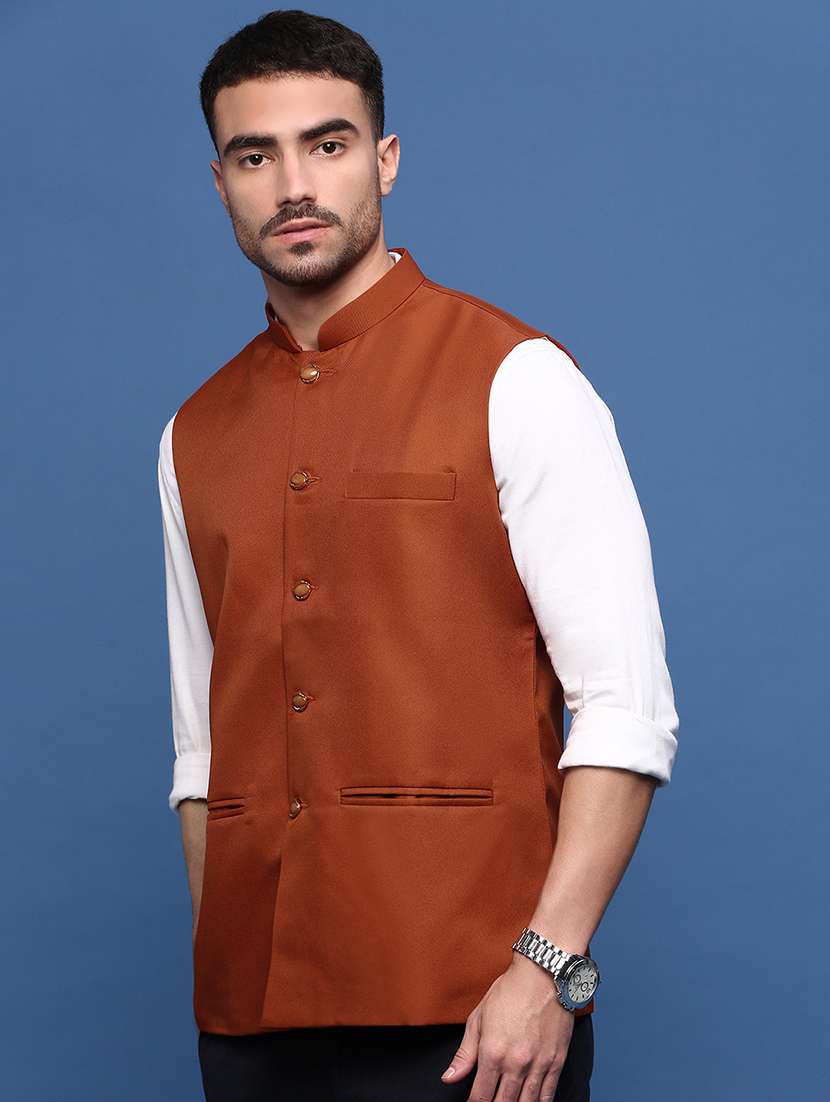 men rust solid nehru jacket - 21514690 -  Standard Image - 2