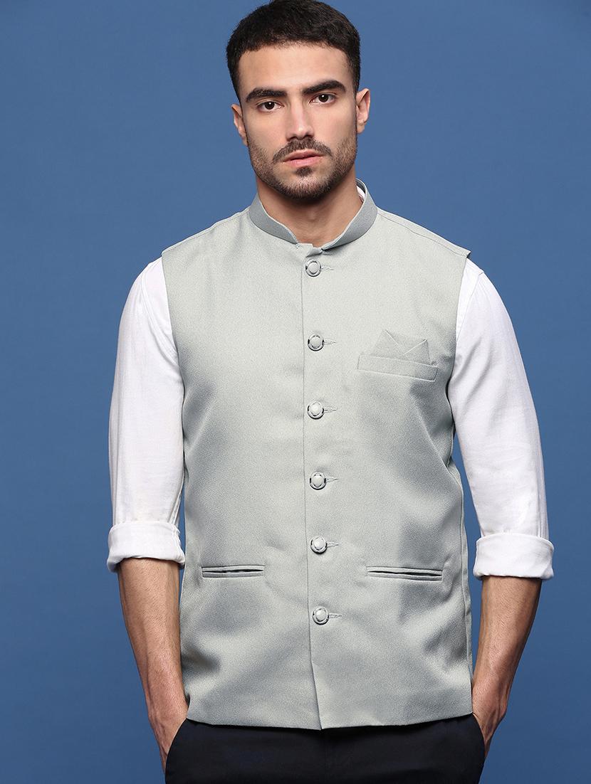 men sea green solid nehru jacket - 21514692 -  Zoom Image - 0