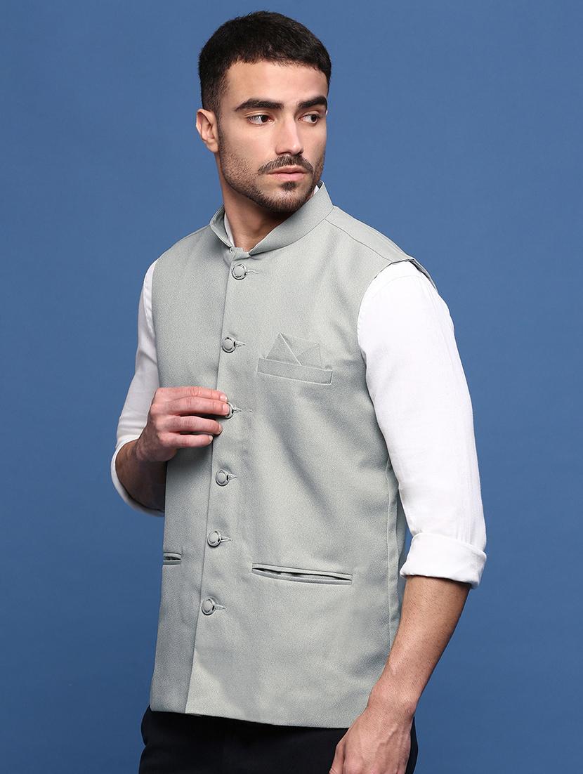 men sea green solid nehru jacket - 21514692 - Standard Image - 2