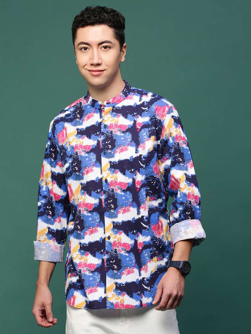 men blue printed casual shirt