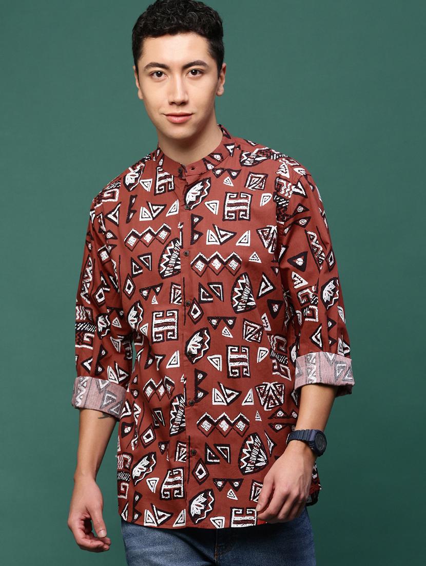 men brown cotton blend casual shirt