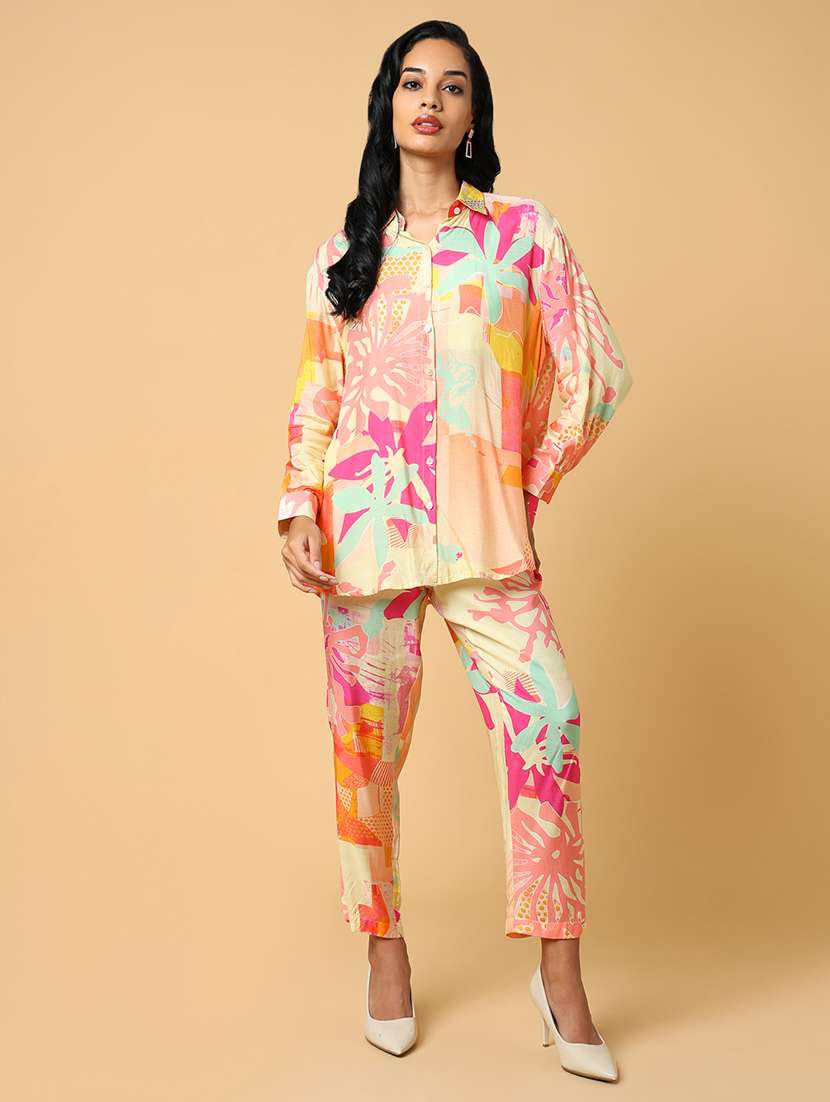 women multi coloured viscose shirt and trouser co-ord set