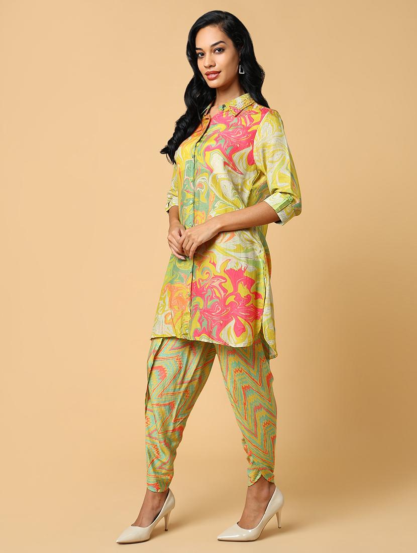 women lime green viscose dhotti and top co-ord set - 21514850 - Standard Image - 2