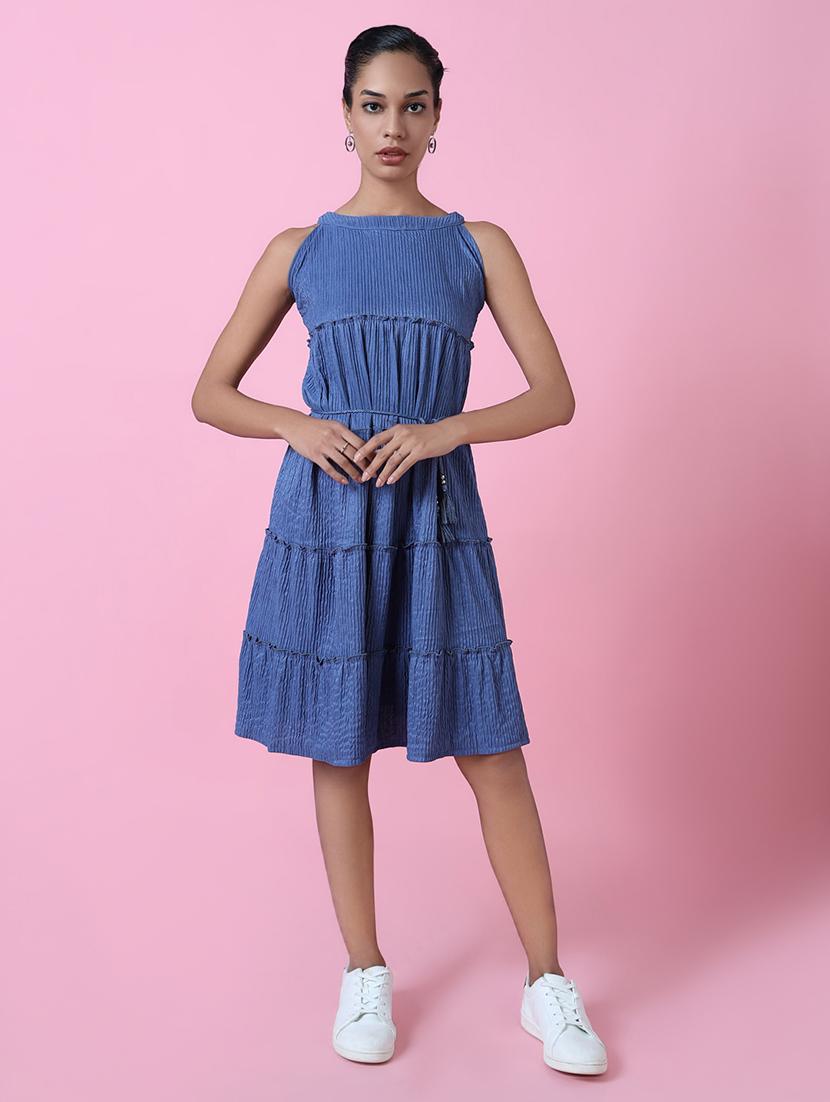 women blue solid fit & flare dress