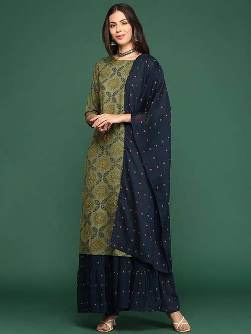 women olive printed kurta skirt set with dupatta - 21514920 -  Standard Image - 0