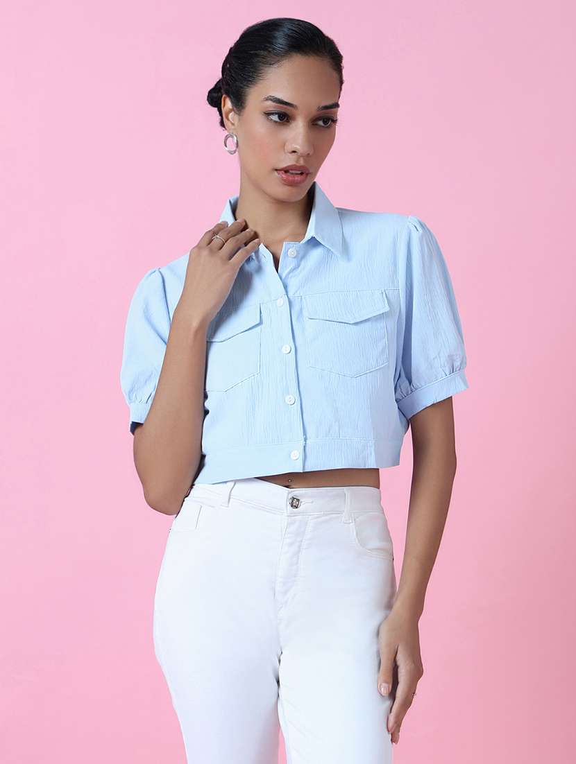 women light blue cotton blend crop shirt - 21514930 - Zoom Image - 0
