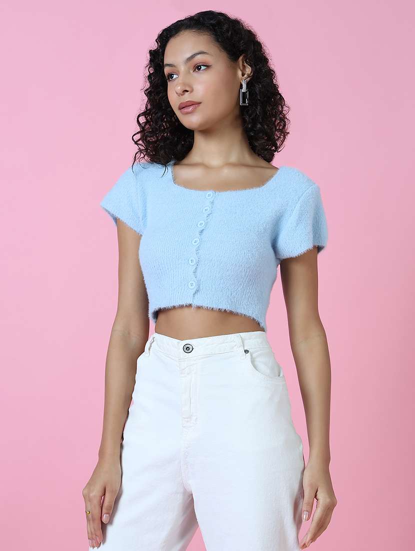 women solid short sleeves crop top - 21514960 -  Standard Image - 2