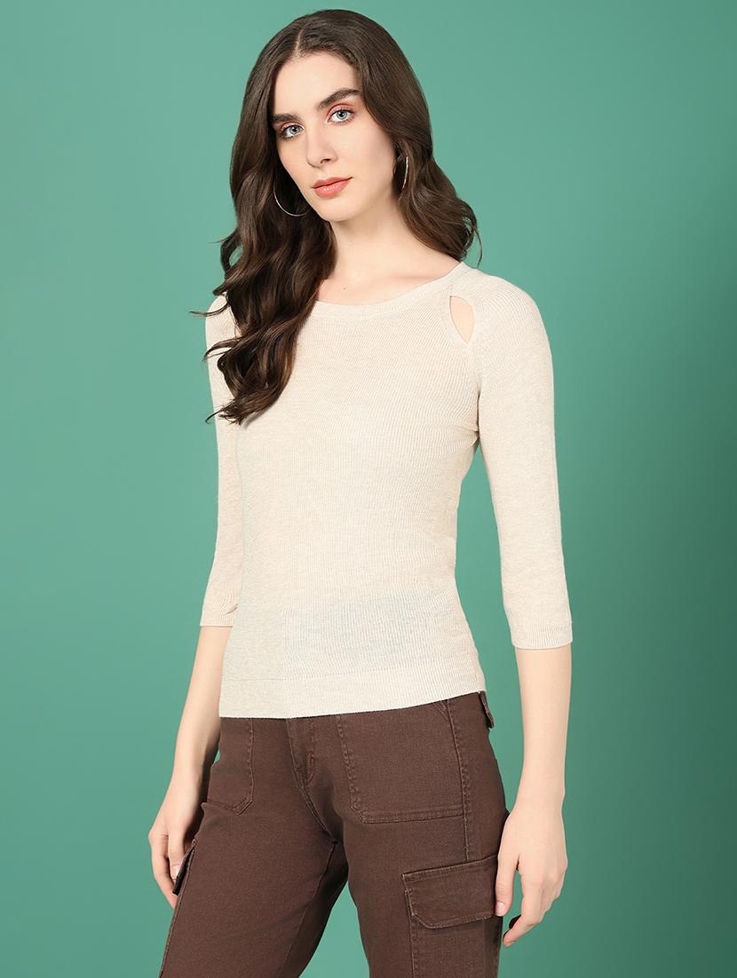 women beige solids round neck top - 21514998 - Standard Image - 2