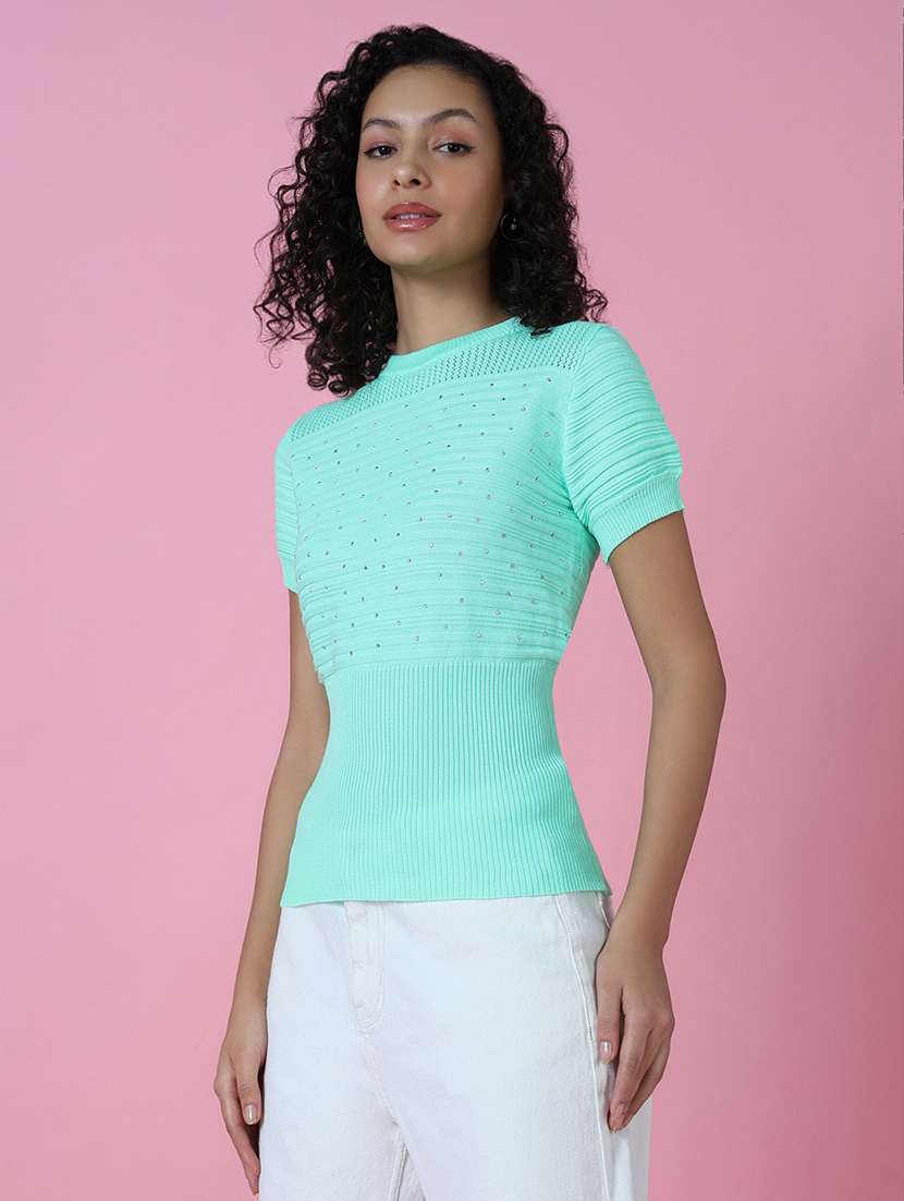 women sea green embellished regular top - 21515006 -  Standard Image - 2
