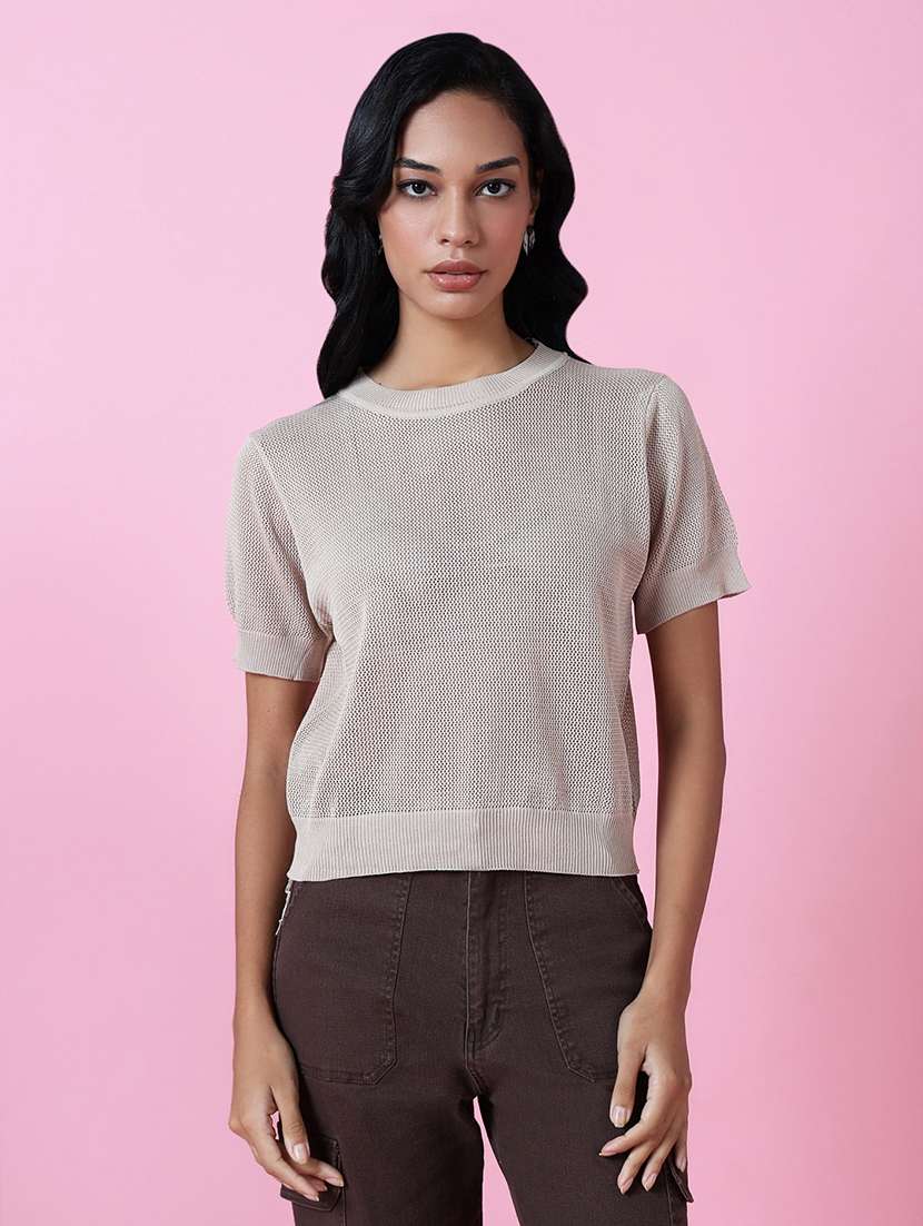 women beige crochet regular top