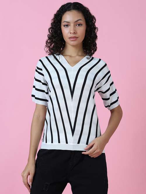women white stripes v neck top - 21515012 -  Standard Image - 0