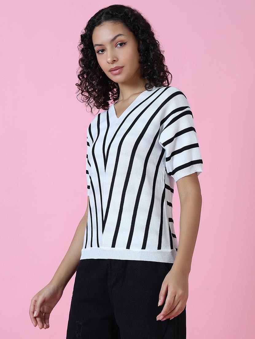 women white stripes v neck top - 21515012 - Standard Image - 2