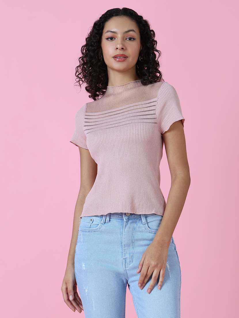 women peach crochet regular top