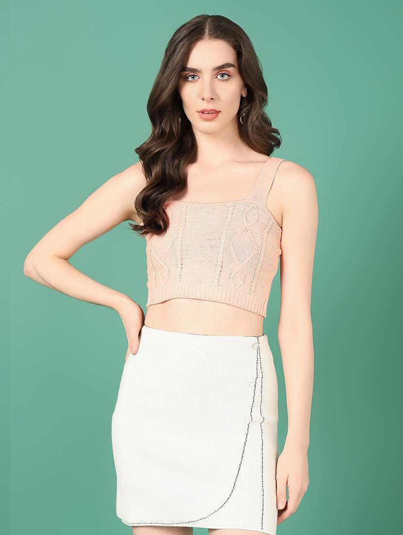 women peach self design crop top
