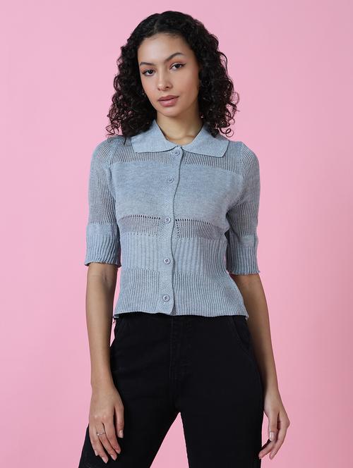 women grey self design collared neck shirt top - 21515089 -  Standard Image - 0