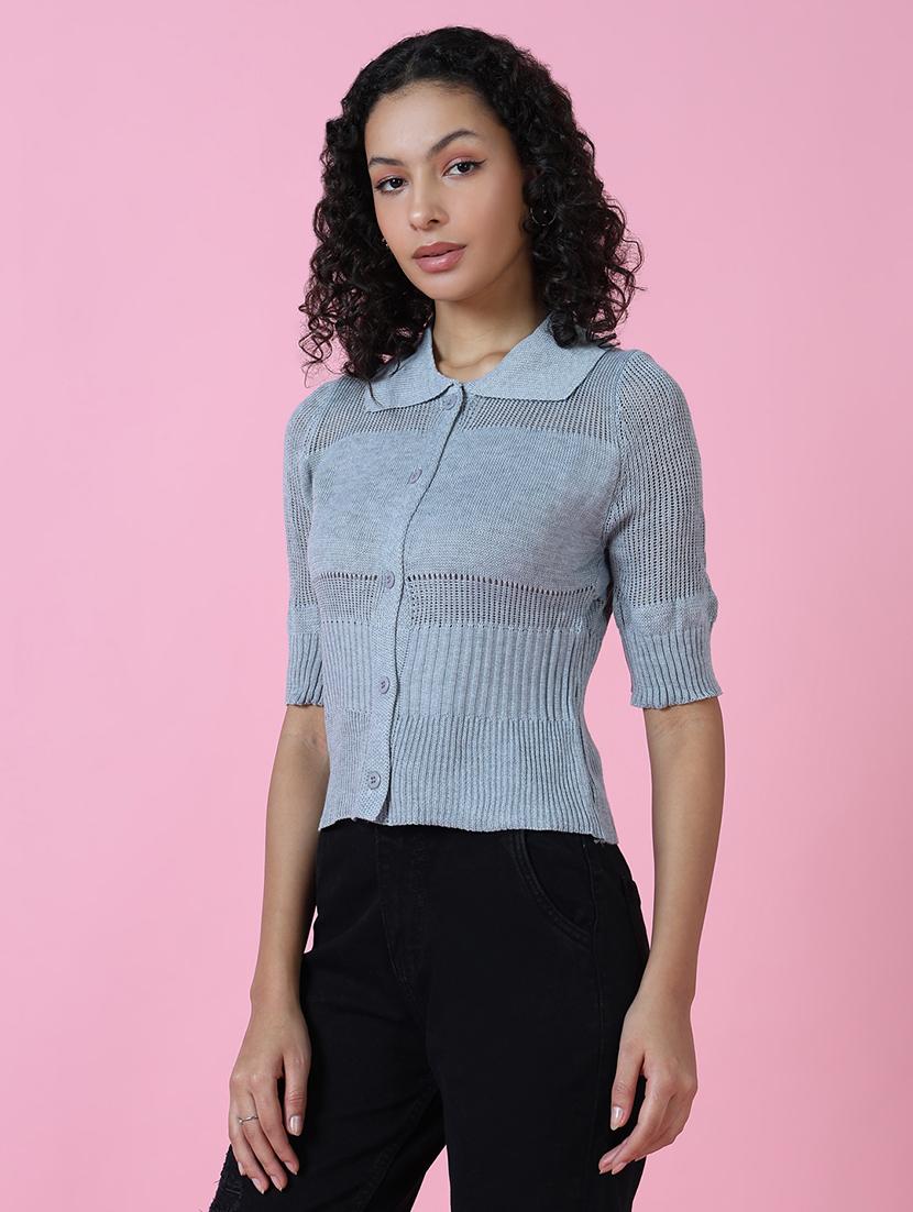 women grey self design collared neck shirt top - 21515089 - Standard Image - 2
