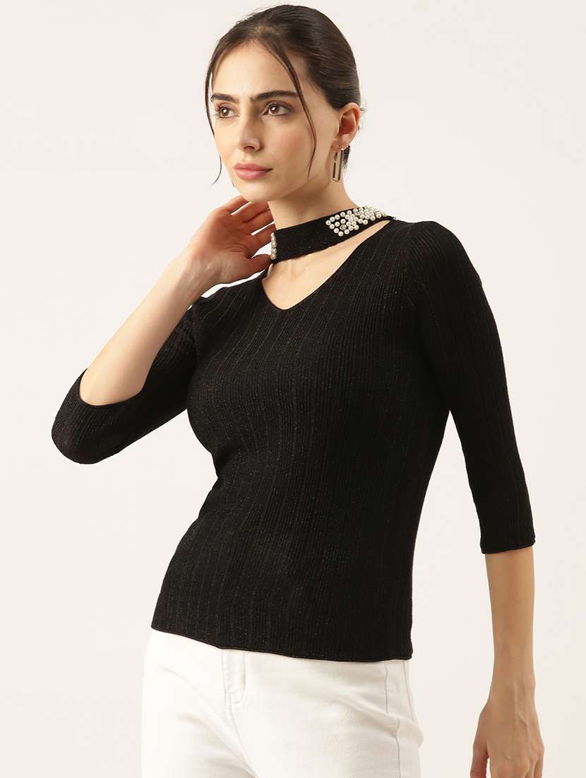 women black self design choker neck top - 21515096 -  Standard Image - 2