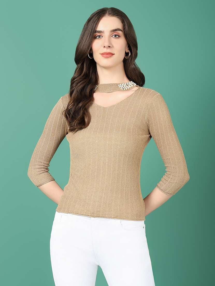 women beige self design choker neck top