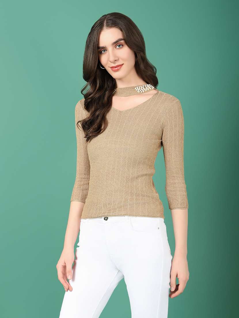 women beige self design choker neck top - 21515097 - Standard Image - 2