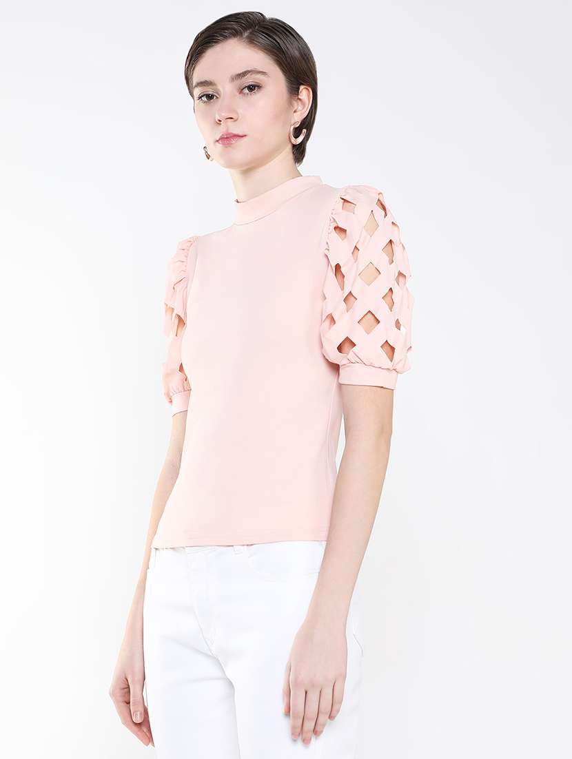 women solid puff sleeves mock neck top - 21515174 -  Standard Image - 2