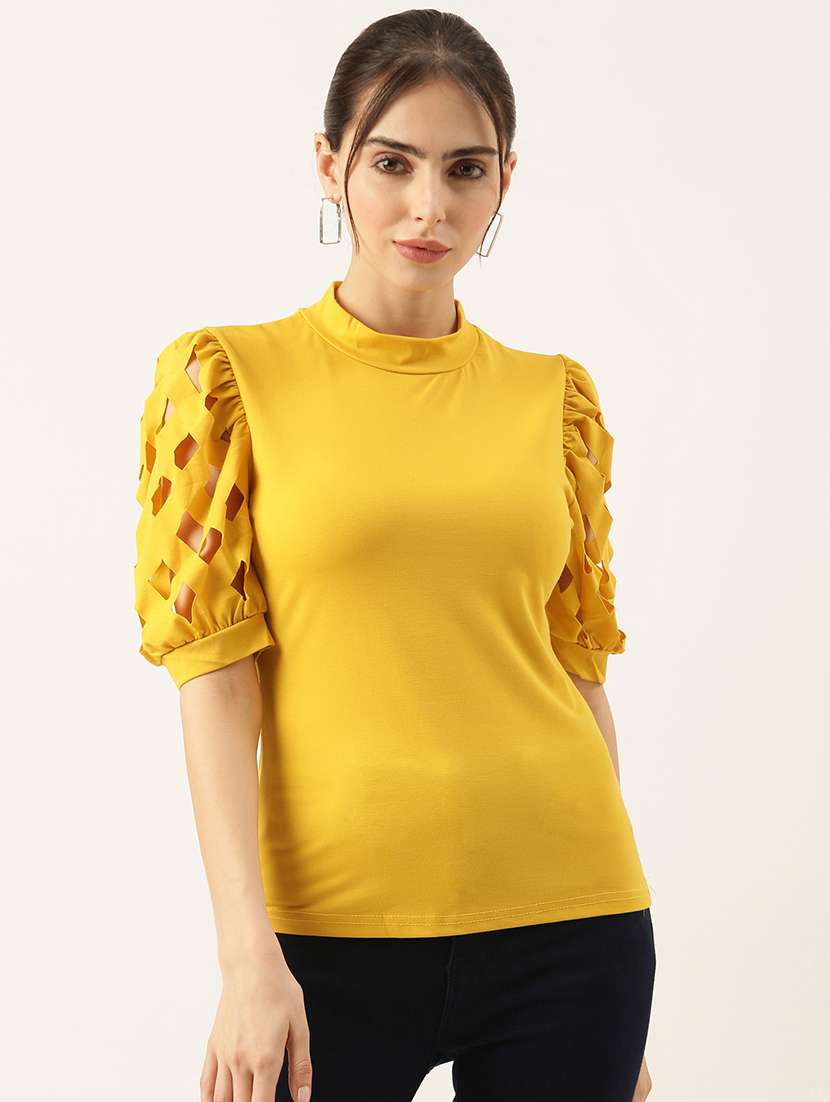 women solid puff sleeves mock neck top