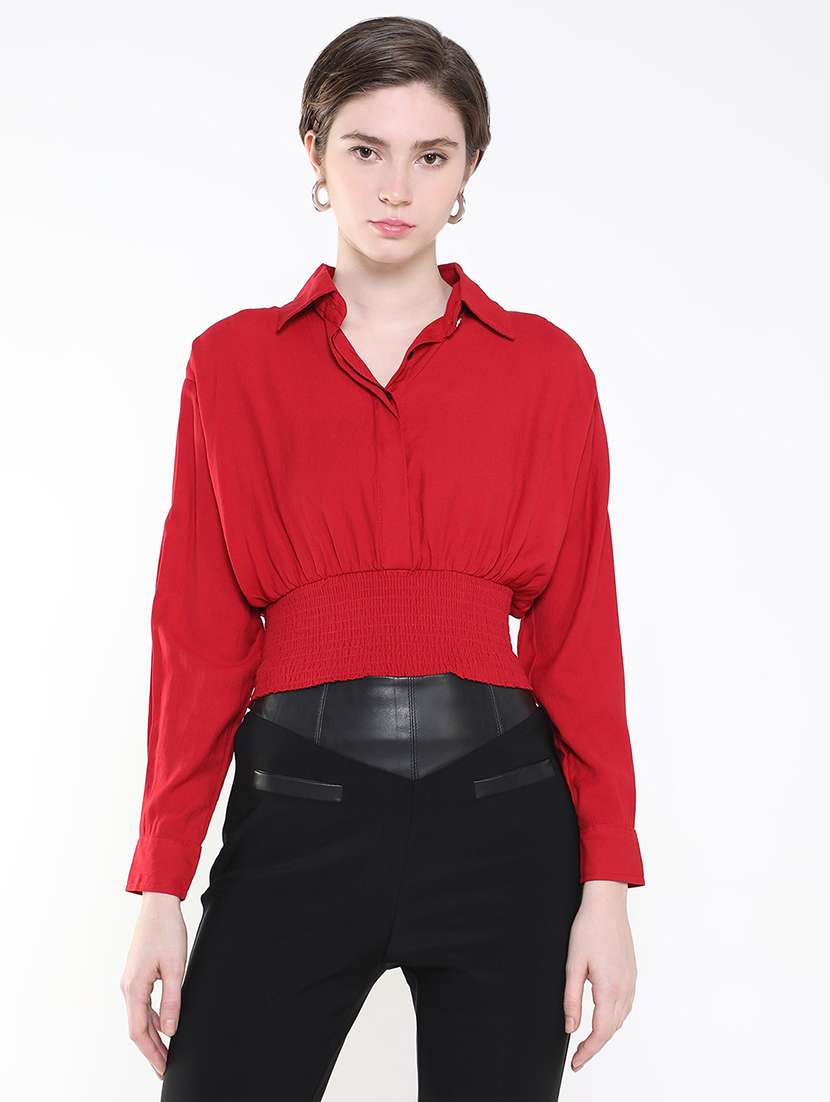 women solid collared crop top
