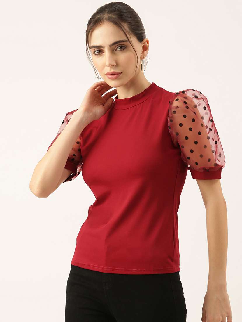 women maroon solids puff sleeves top - 21515186 -  Standard Image - 2