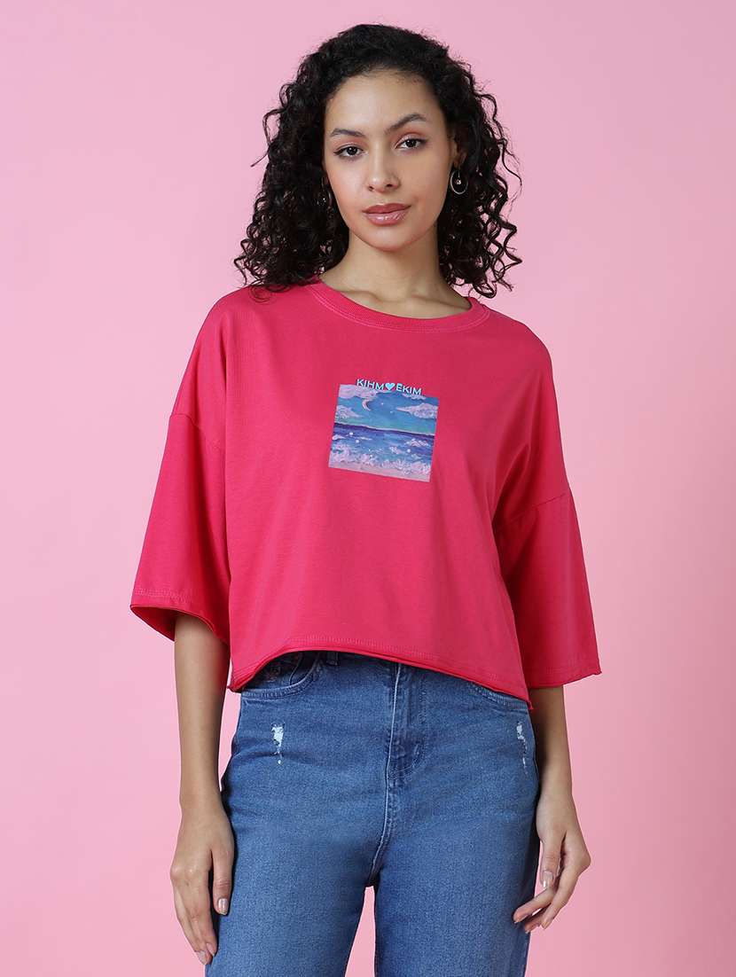 women pink cotton blend boxy t-shirt
