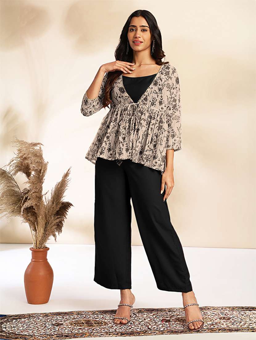 women black solid co-ord set with floral printed jacket