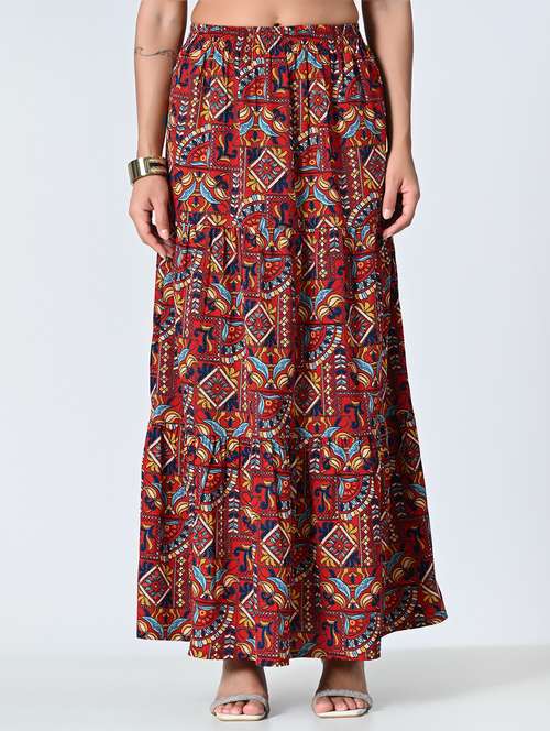 women maroon printed tiered skirt - 21515492 - Standard Image - 0