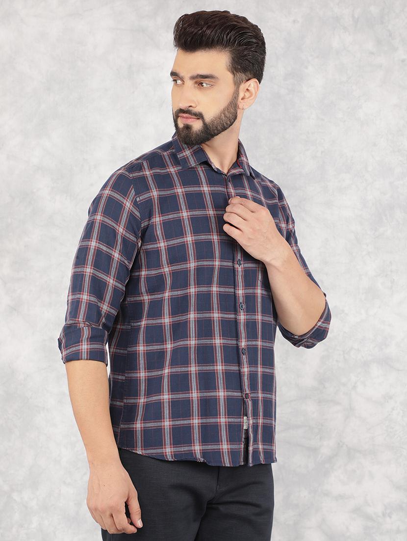 men navy blue checks long sleeves casual shirt - 21517895 - Standard Image - 2