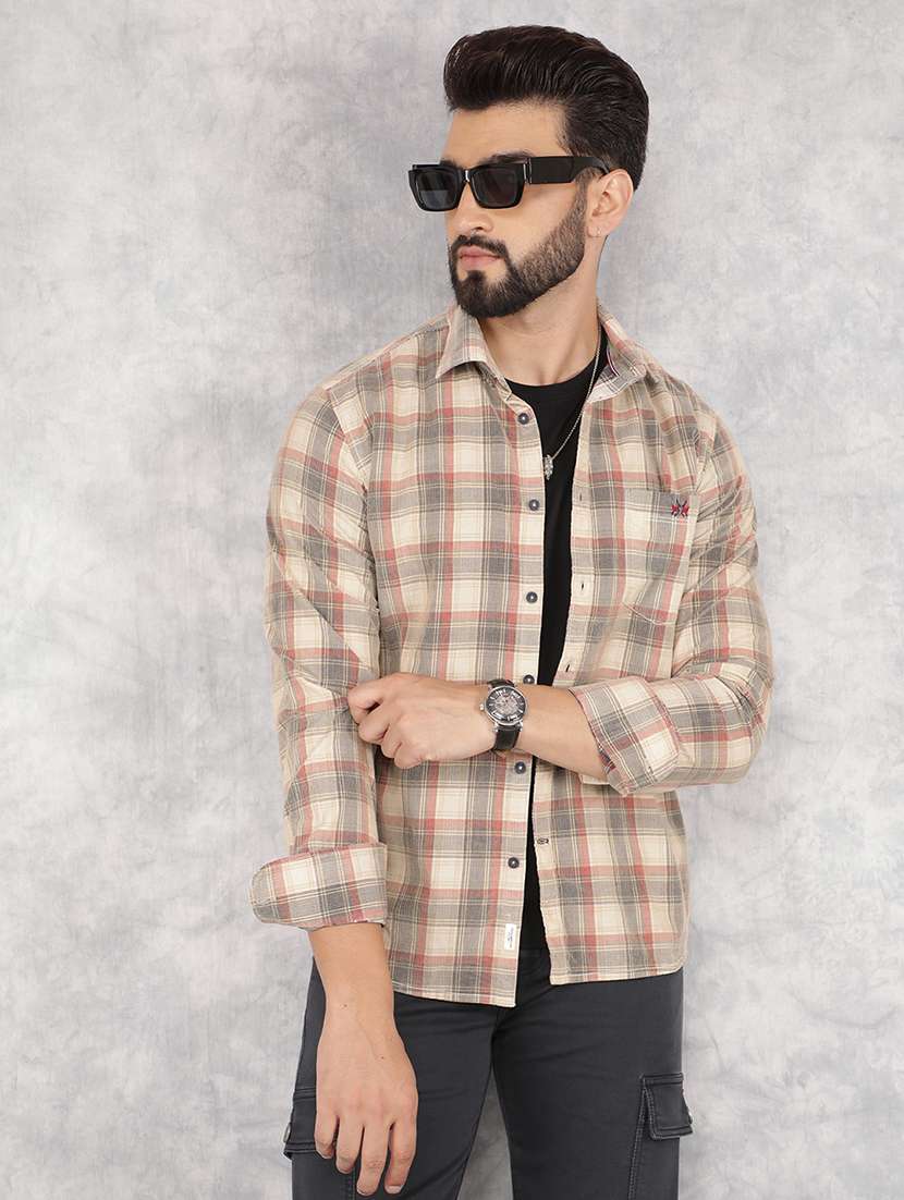 men collared tartan check casual shirt