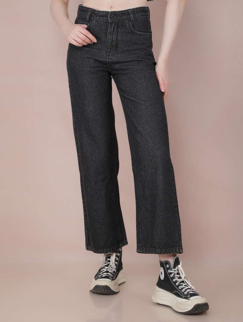 women black cotton wide leg jeans