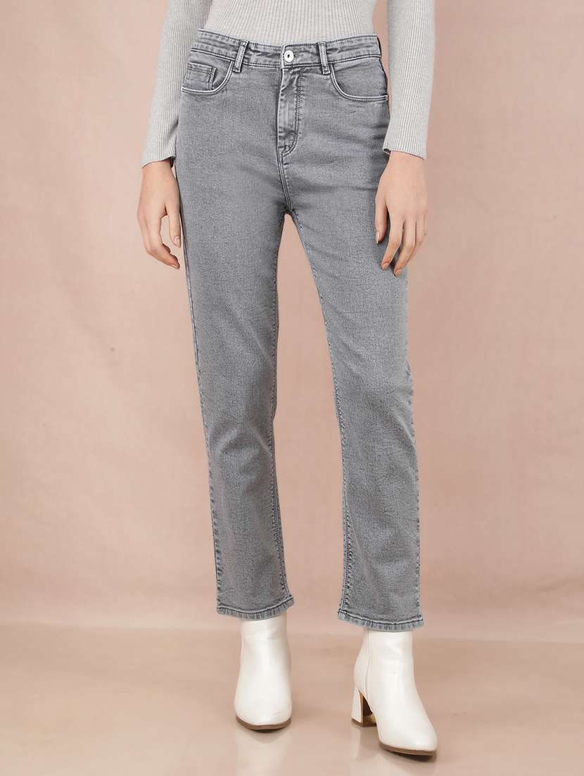 women grey straight fit jeans
